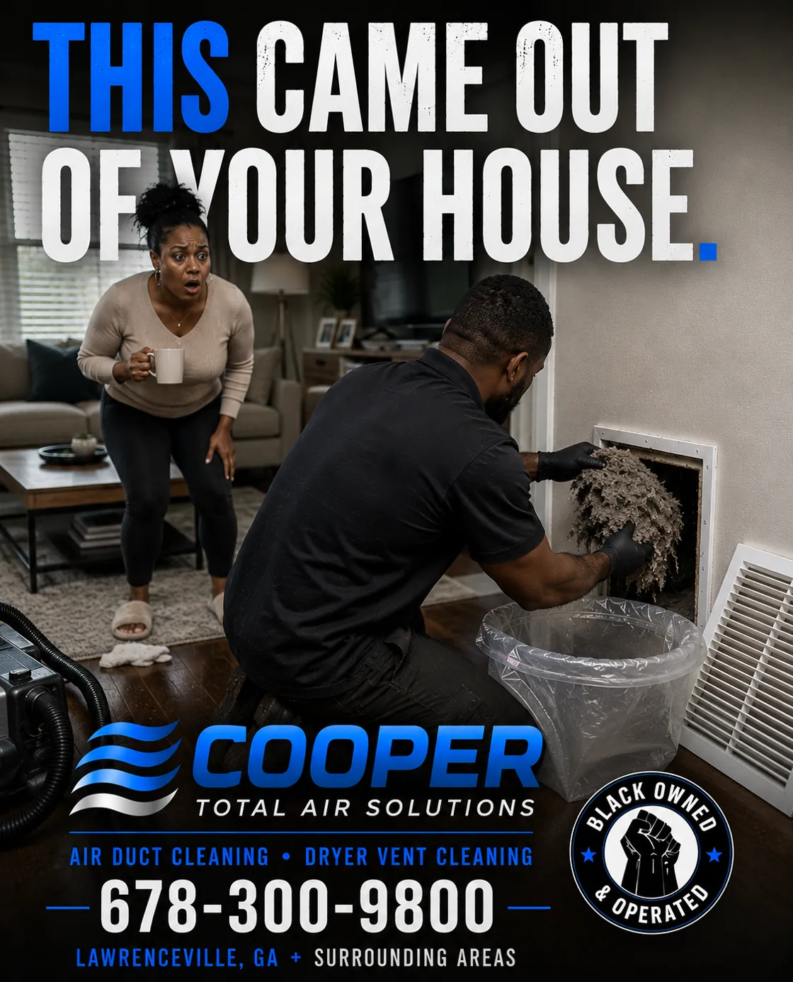Advertising poster for Cooper Total Air Solutions showing a technician pulling debris from an air vent while a homeowner reacts.